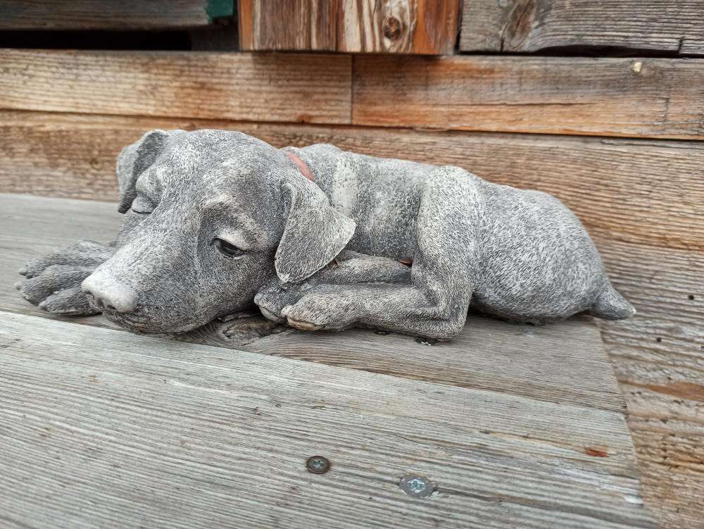 Steinfigur SPICKER Hund Liegend – Handgefertigte Gartenfigur Aus Steinguss, Wetterfest, Basaltgrau, 36x20x11 Cm, Ca. 8,3 Kg