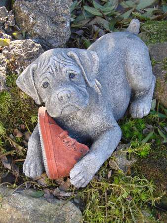 Steinfigur Hund mit Schuh - Labrador